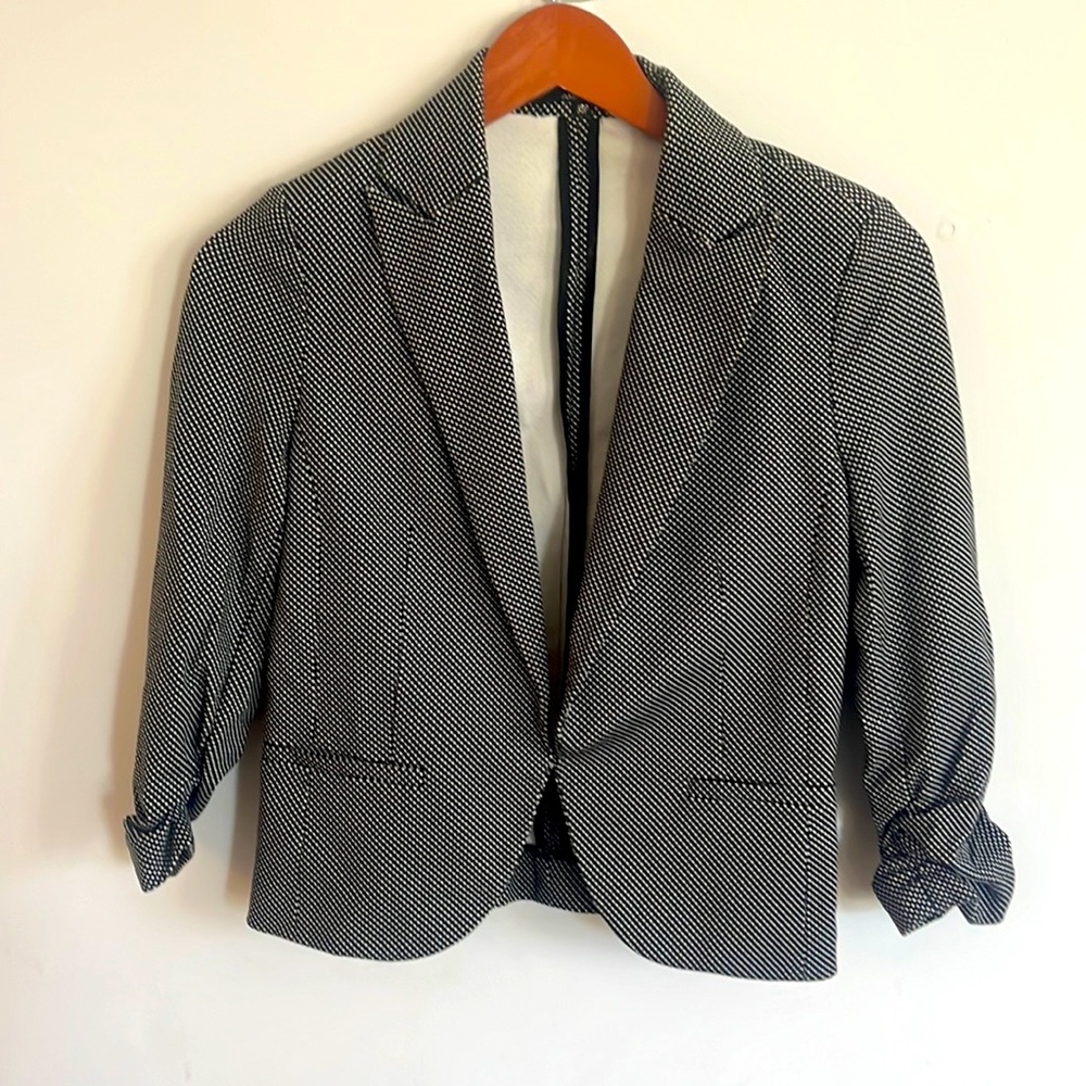 Black and white polka dot women’s blazer with 3/4 ruched sleeves